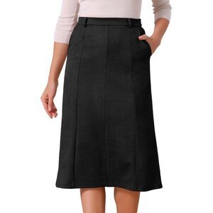 Faux Suede Elastic High Waist A-line Midi Skirt With Pockets Black